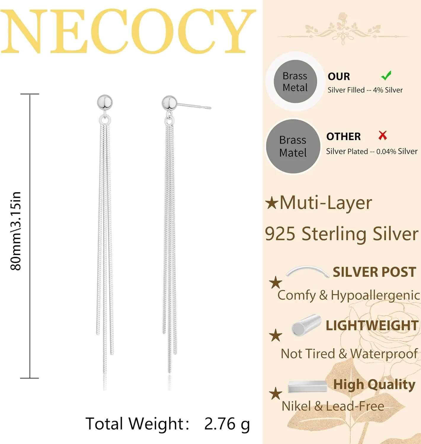 Gold/Silver Dangle Earrings for Women Dainty Long Hanging Chain Earrings Trendy Hypoallergenic Dangling Pearl Threader Earrings for Women Non-Tarnish Jewelry