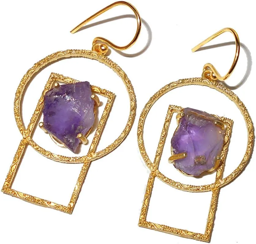 Hammered 18k Gold Plated Prong Set Amethyst Birthstone Dangle Earrings