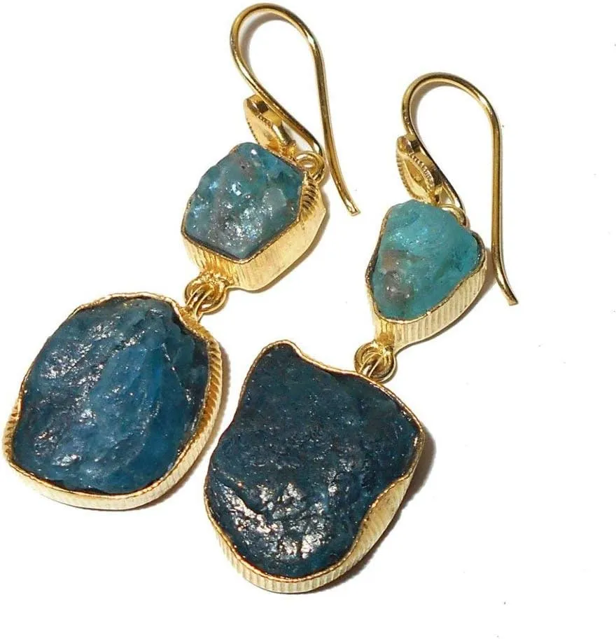 Handcrafted 18K Gold Plated Blue Apatite Gemstone Dangle Earrings