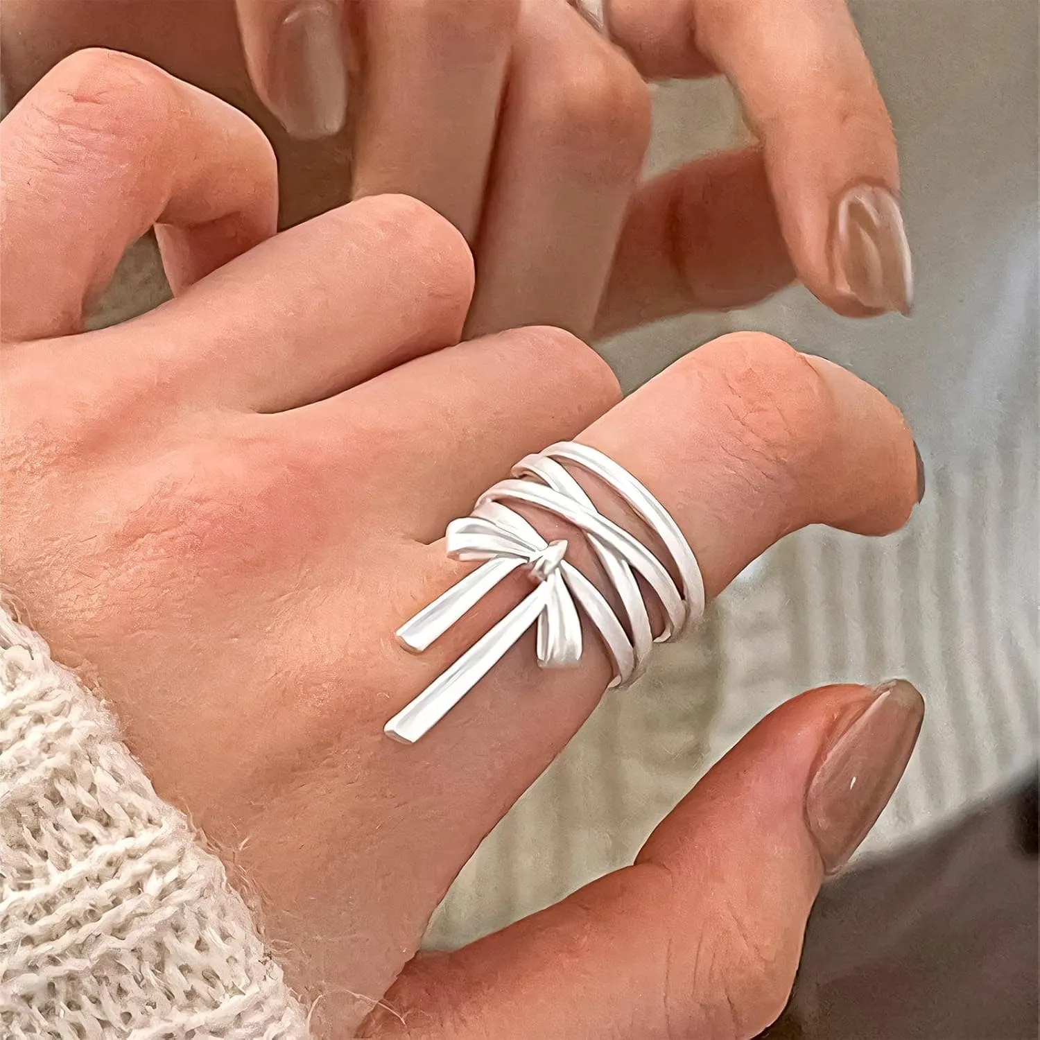 Handmade 925 Sterling Silver Rings For Women Bow Rings With Pendant Hollow Rings Multi Layered Rings Sweety Finger Rings Open Adjustable Rings For Women Statement Rings Elegant Jewelry Gifts For Women