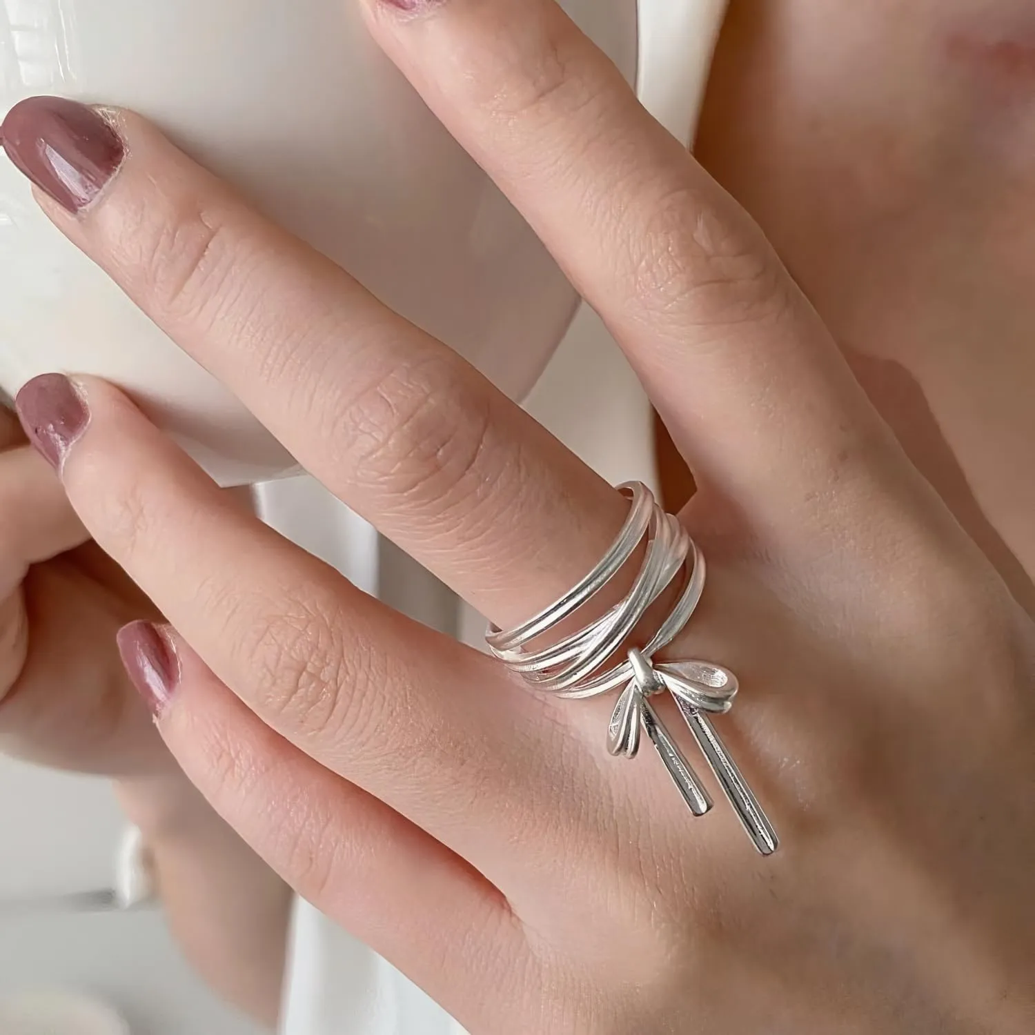 Handmade 925 Sterling Silver Rings For Women Bow Rings With Pendant Hollow Rings Multi Layered Rings Sweety Finger Rings Open Adjustable Rings For Women Statement Rings Elegant Jewelry Gifts For Women