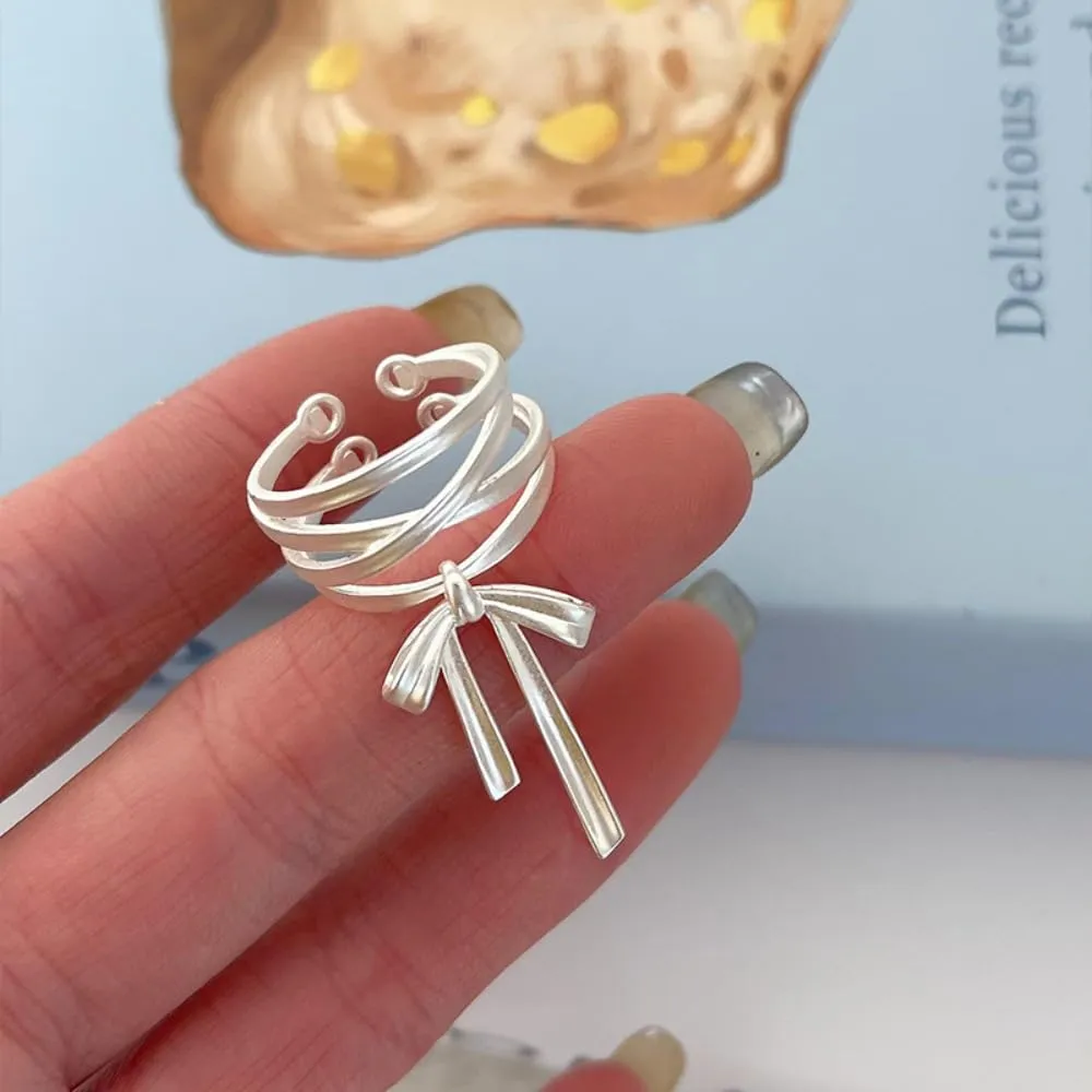 Handmade 925 Sterling Silver Rings For Women Bow Rings With Pendant Hollow Rings Multi Layered Rings Sweety Finger Rings Open Adjustable Rings For Women Statement Rings Elegant Jewelry Gifts For Women