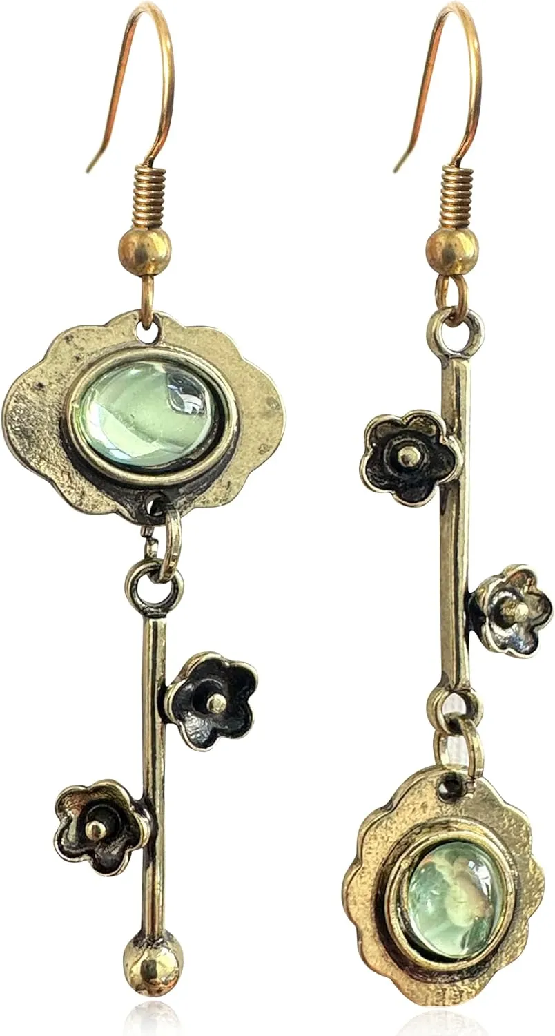 Handmade Bohemian Vintage Silver Asymmetry Plum Blossom Dangle Drop Earrings Dainty Cherry Green Crystal Flower Stud Earring for Women Statement Jewelry Gifts Mother's Day