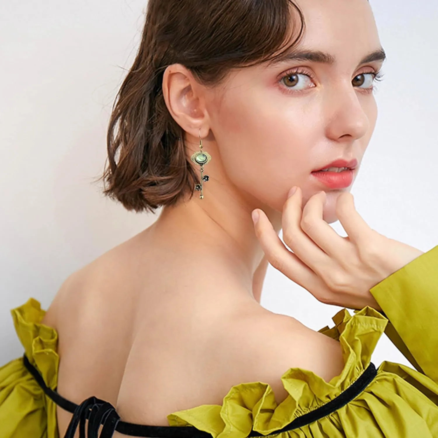 Handmade Bohemian Vintage Silver Asymmetry Plum Blossom Dangle Drop Earrings Dainty Cherry Green Crystal Flower Stud Earring for Women Statement Jewelry Gifts Mother's Day