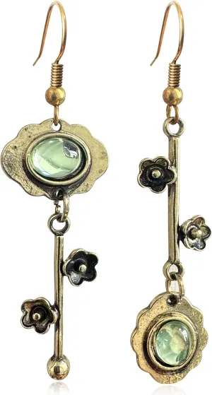 Handmade Bohemian Vintage Silver Asymmetry Plum Blossom Dangle Drop Earrings Dainty Cherry Green Crystal Flower Stud Earring for Women Statement Jewelry Gifts Mother's Day