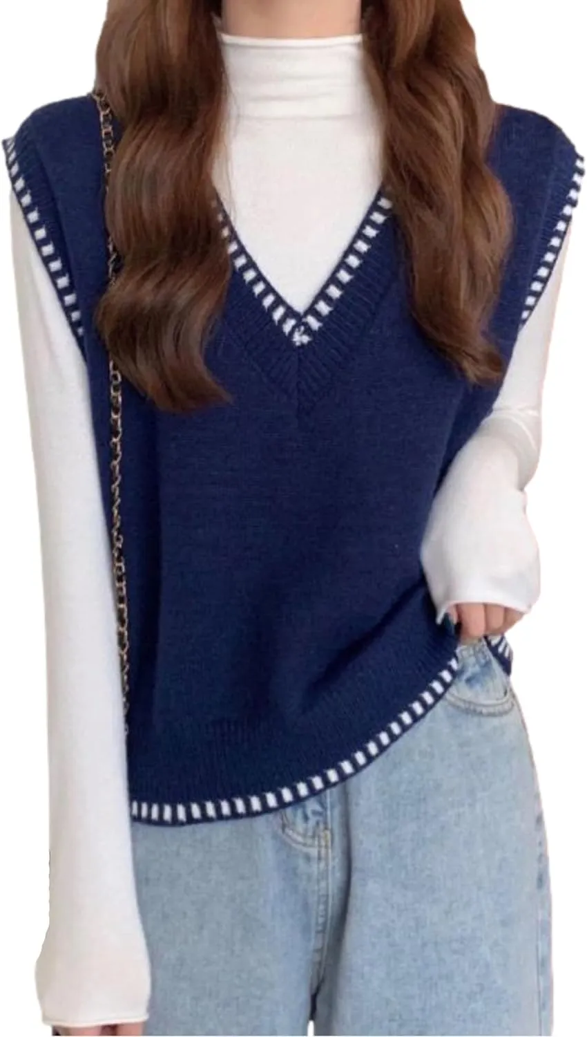 HangNiFang Women's V Neck Knit Sweater Vest Sleeveless Pullover Cropped Sweater Tank Tops