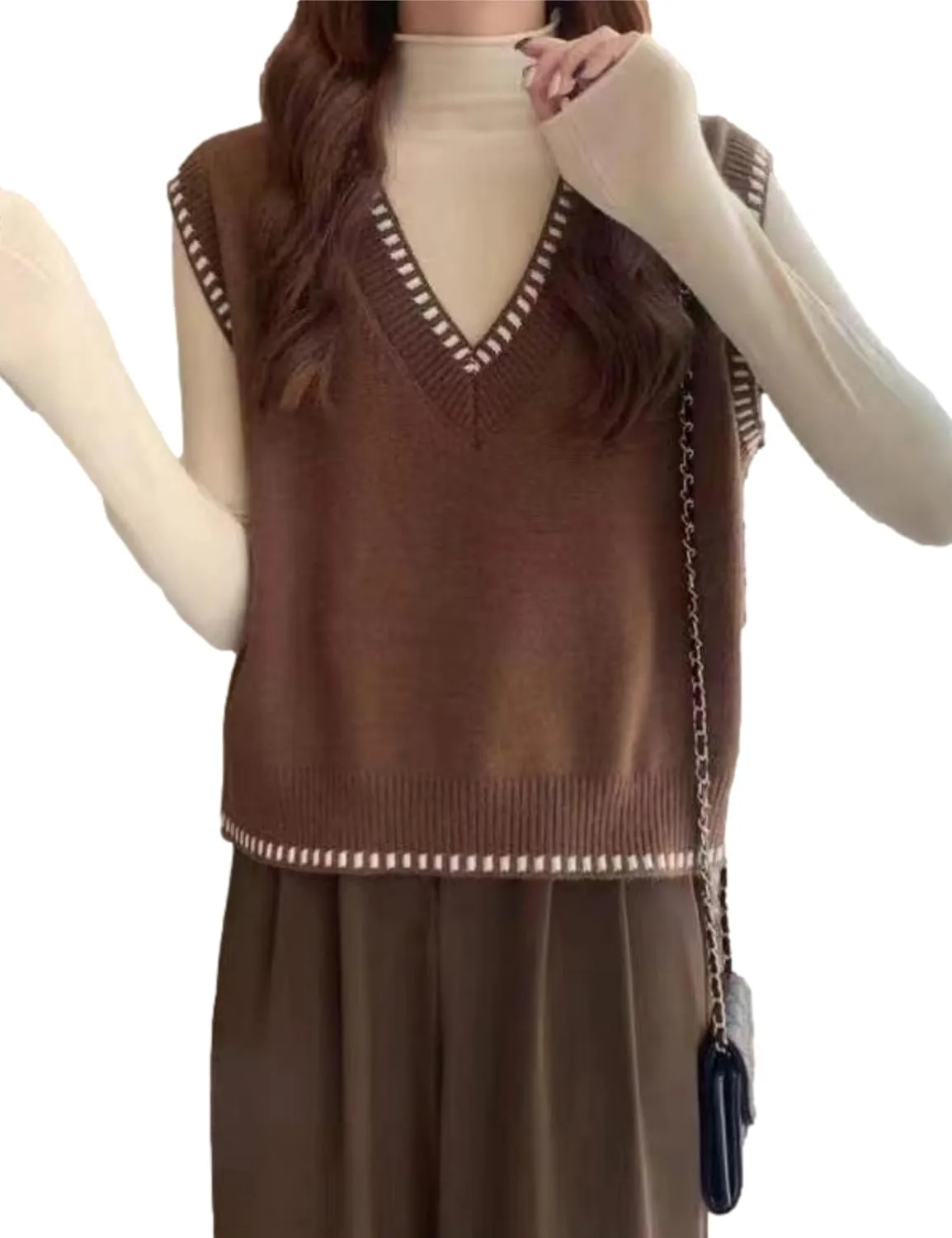 HangNiFang Women's V Neck Knit Sweater Vest Sleeveless Pullover Cropped Sweater Tank Tops