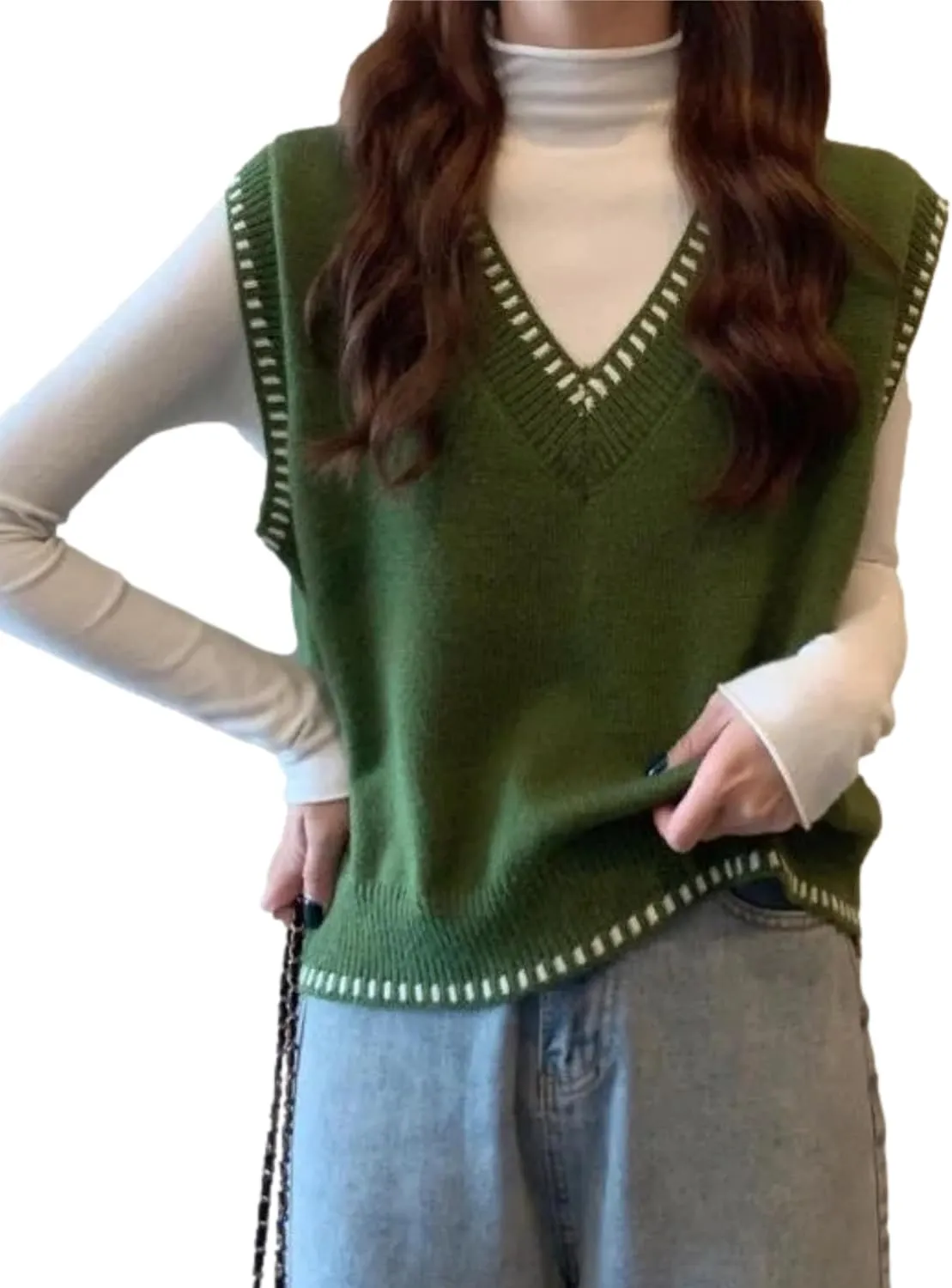 HangNiFang Women's V Neck Knit Sweater Vest Sleeveless Pullover Cropped Sweater Tank Tops