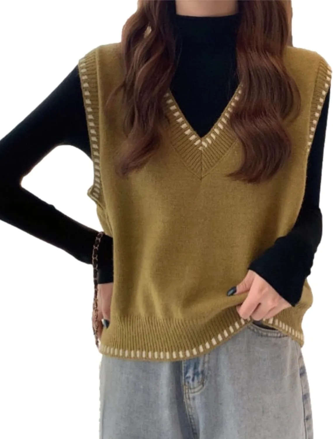 HangNiFang Women's V Neck Knit Sweater Vest Sleeveless Pullover Cropped Sweater Tank Tops