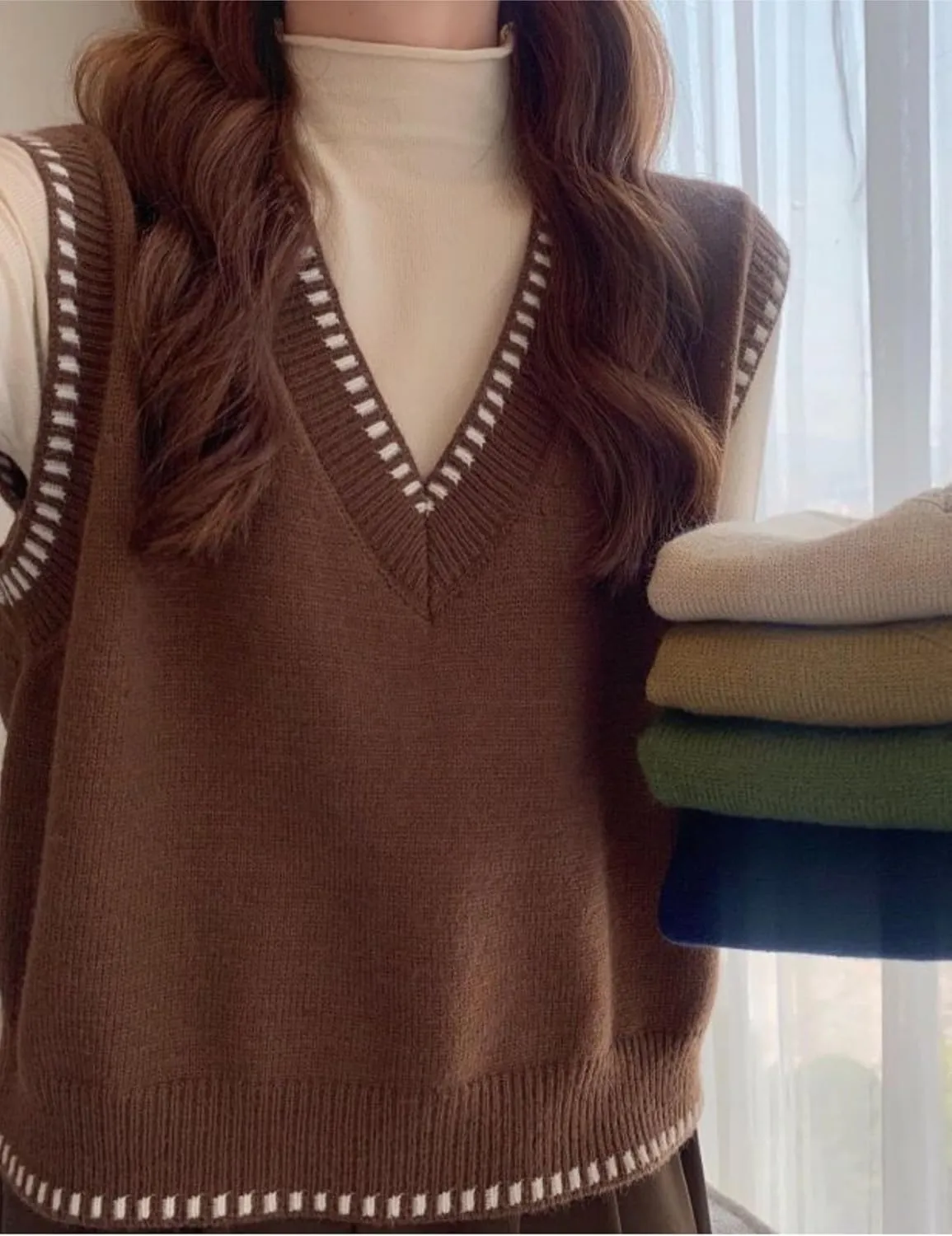 HangNiFang Women's V Neck Knit Sweater Vest Sleeveless Pullover Cropped Sweater Tank Tops