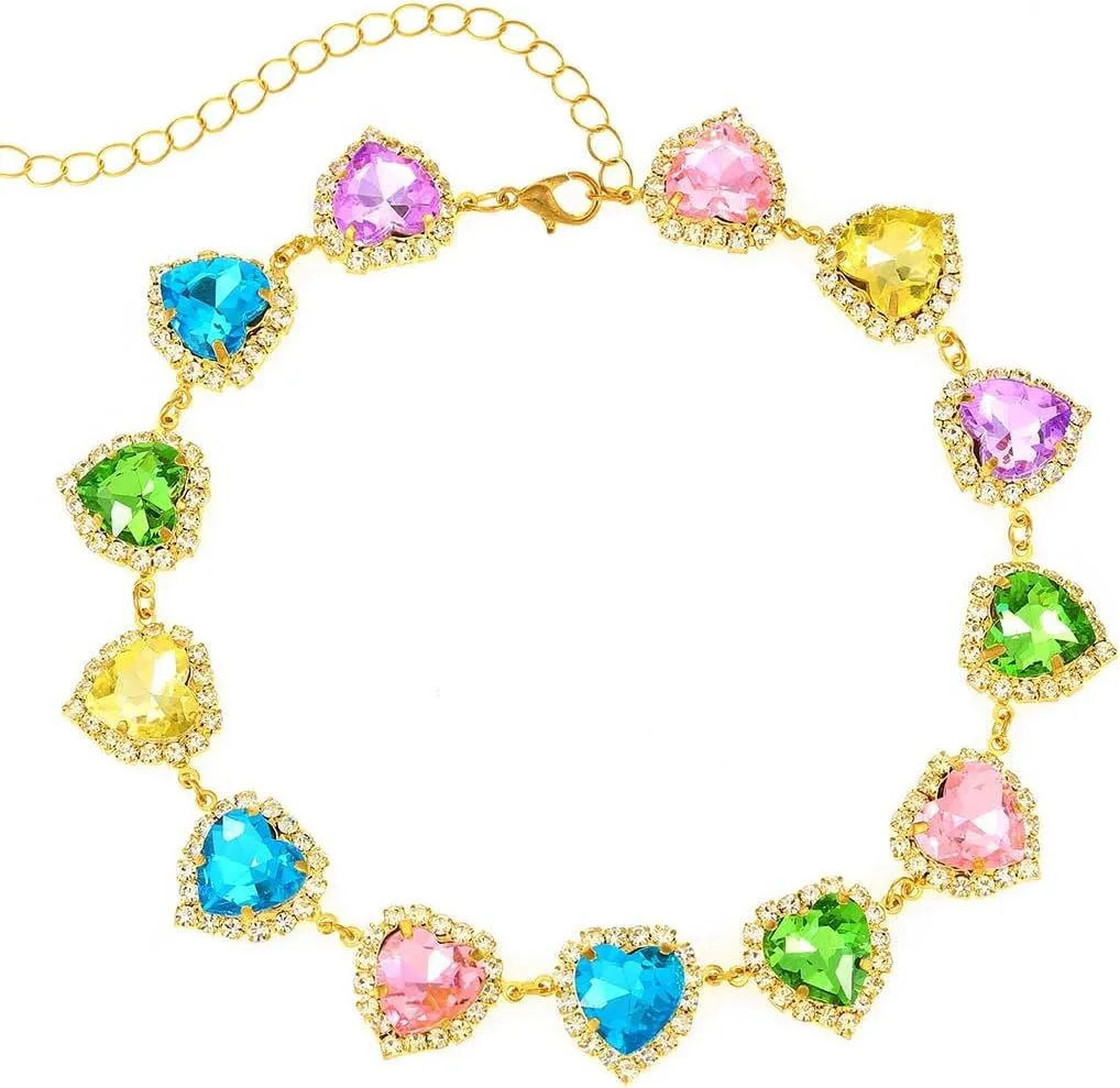 Heart Colorful Crystal Choker Necklace Rainbow Rhinestone Charm Necklaces Jewelry for Women