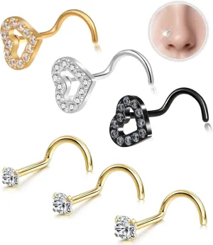 Heart Nose Rings Studs - 20G Gold/Silver Nose Rings for Women Men 14K Gold Filled & 316L Surgical Stainless Steel Nose Studs Hypoallergenic Corkscrew Nose Piercing Jewelry - 6PCS