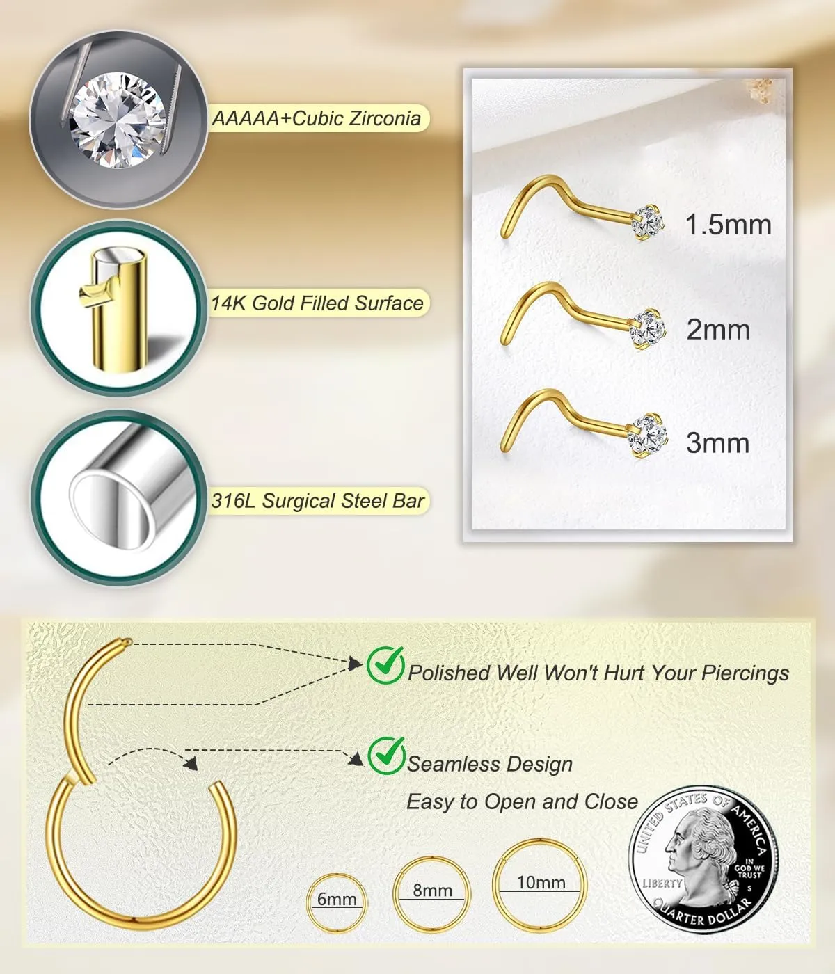 Heart Nose Rings Studs - 20G Gold/Silver Nose Rings for Women Men 14K Gold Filled & 316L Surgical Stainless Steel Nose Studs Hypoallergenic Corkscrew Nose Piercing Jewelry - 6PCS