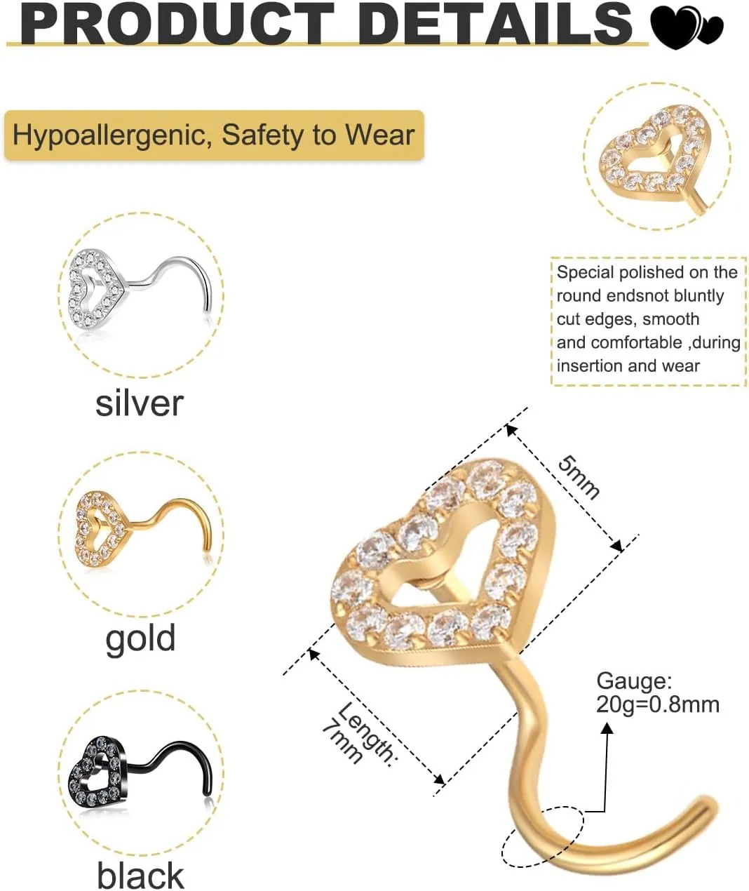 Heart Nose Rings Studs - 20G Gold/Silver Nose Rings for Women Men 14K Gold Filled & 316L Surgical Stainless Steel Nose Studs Hypoallergenic Corkscrew Nose Piercing Jewelry - 6PCS