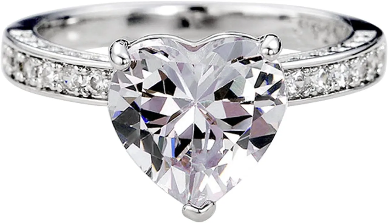 Heart Shape Zircon Wedding Band for Women Simulated Diamond Engagement Ring Exquisite Elegant Proposal Ring (Silver, 7)
