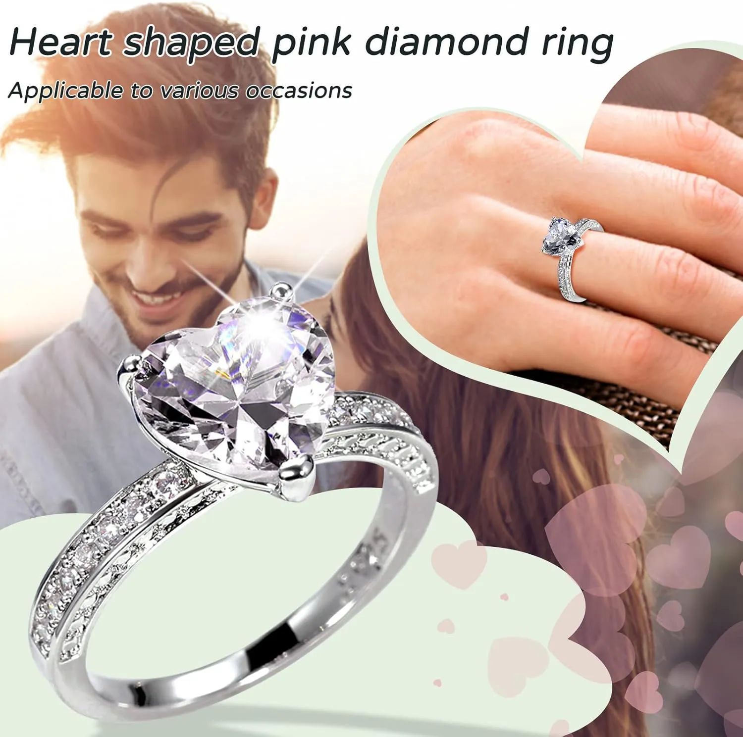 Heart Shape Zircon Wedding Band for Women Simulated Diamond Engagement Ring Exquisite Elegant Proposal Ring (Silver, 7)