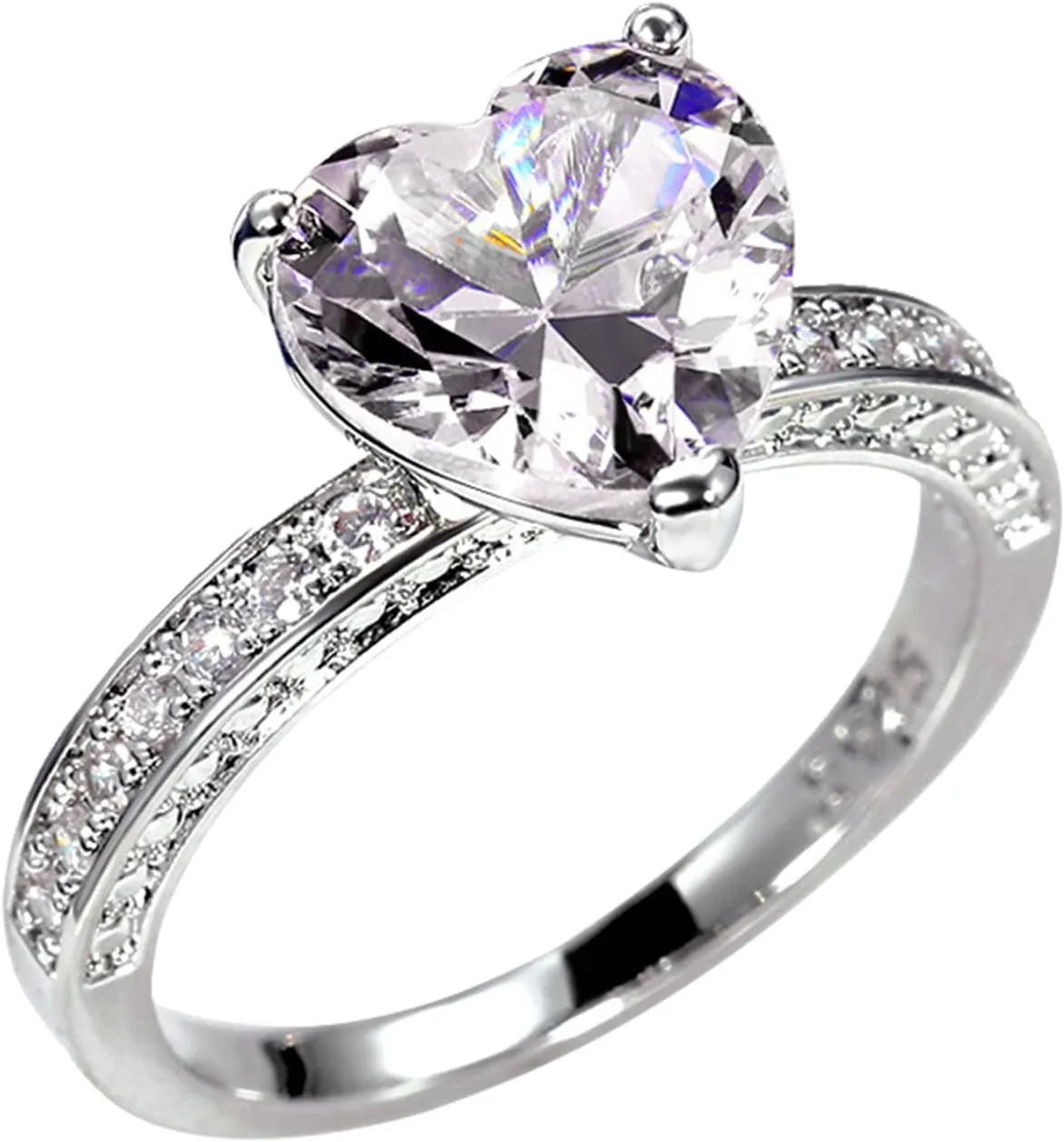 Heart Shape Zircon Wedding Band for Women Simulated Diamond Engagement Ring Exquisite Elegant Proposal Ring (Silver, 7)