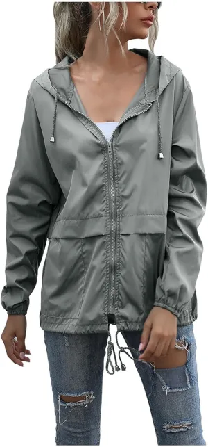 Hooded Rain Jacket Women Lightweight Waterproof Raincoat Casual Packable Outdoor Windbreaker with Pockets