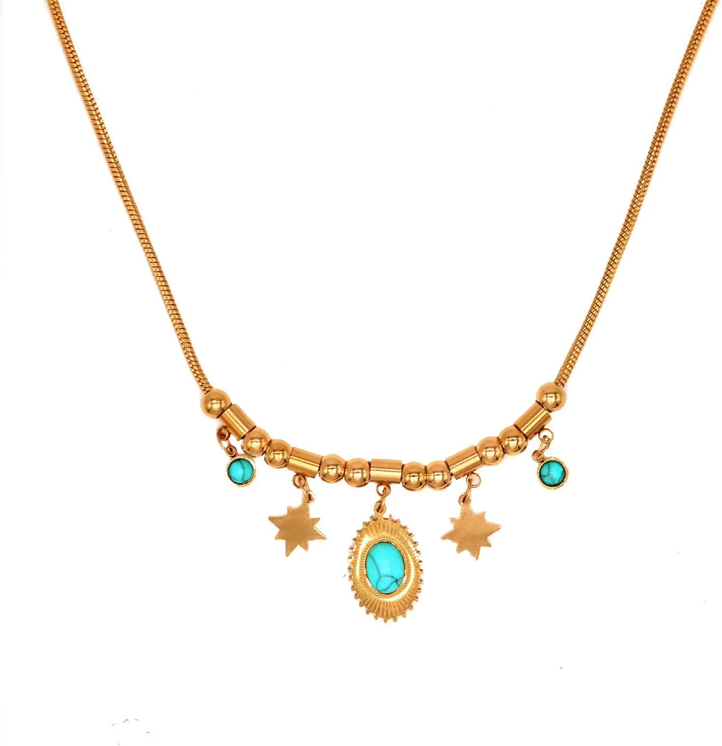 HSQYJ Bohemian Blue Oval Turquoise Pendant Necklaces Stainless Steel Geometry Charm Choker Necklaces Fashion Costume Jewelry Gift for Women Gold Plated