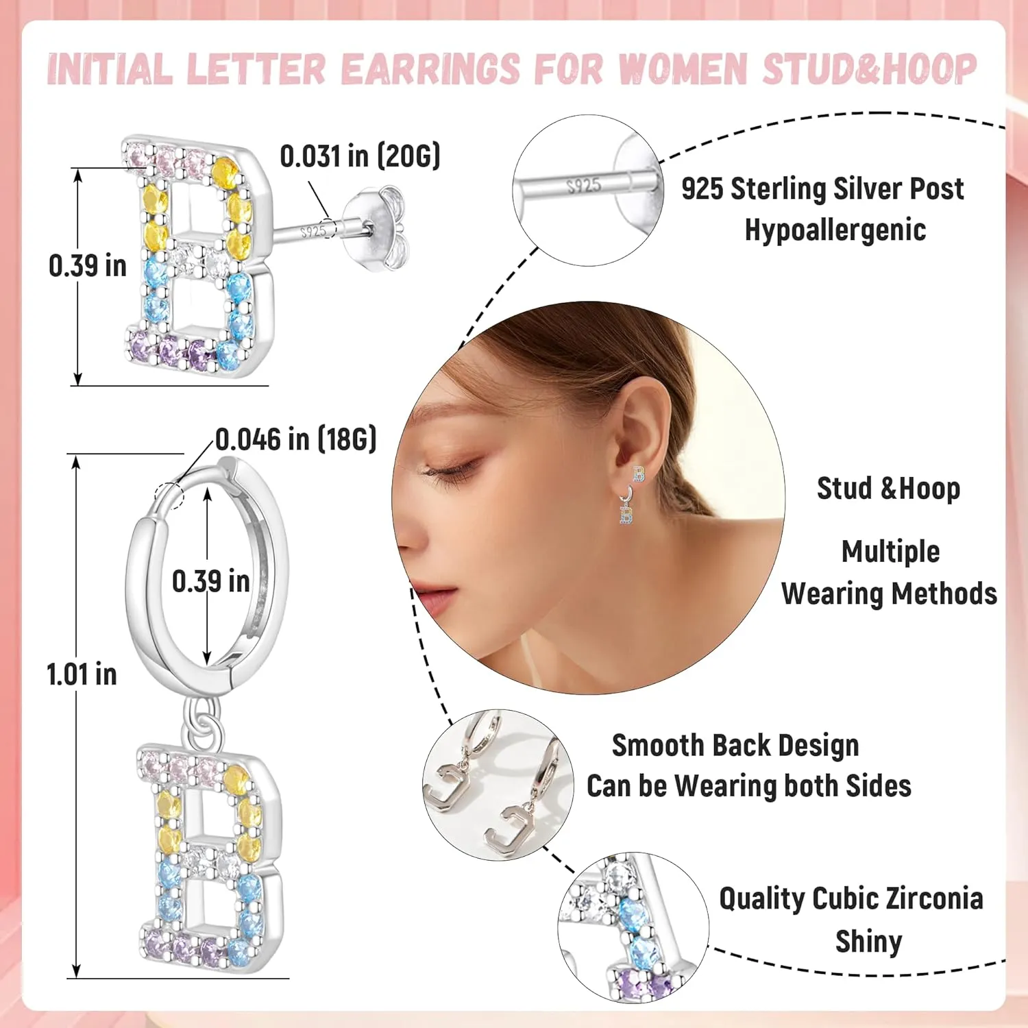 Hypoallergenic Earrings for Women Girls Sterling Silver 925-Littel Cute Kids Stud Hoop Initial Letter Dangle Earring Jewelry Present