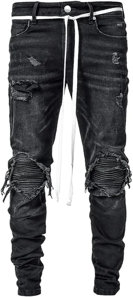 IDEALSANXUN Mens Ripped Stretch Jeans Casual Slim Fit Distressed Plaid Pattern Skinny Biker Jeans