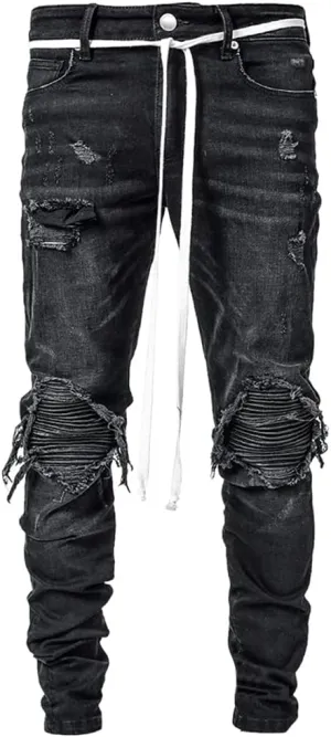 IDEALSANXUN Mens Ripped Stretch Jeans Casual Slim Fit Distressed Plaid Pattern Skinny Biker Jeans