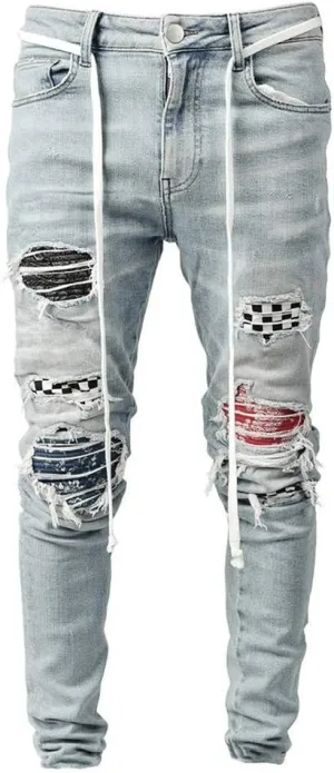 IDEALSANXUN Mens Ripped Stretch Jeans Casual Slim Fit Distressed Plaid Pattern Skinny Biker Jeans