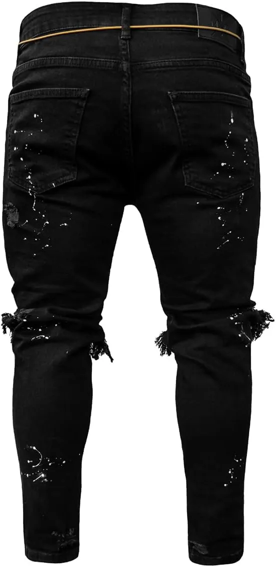 IDEALSANXUN Mens Ripped Stretch Jeans Casual Slim Fit Distressed Plaid Pattern Skinny Biker Jeans