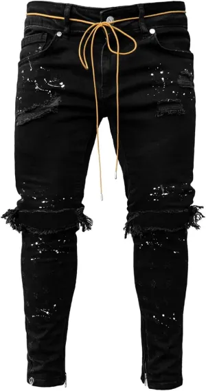 IDEALSANXUN Mens Ripped Stretch Jeans Casual Slim Fit Distressed Plaid Pattern Skinny Biker Jeans