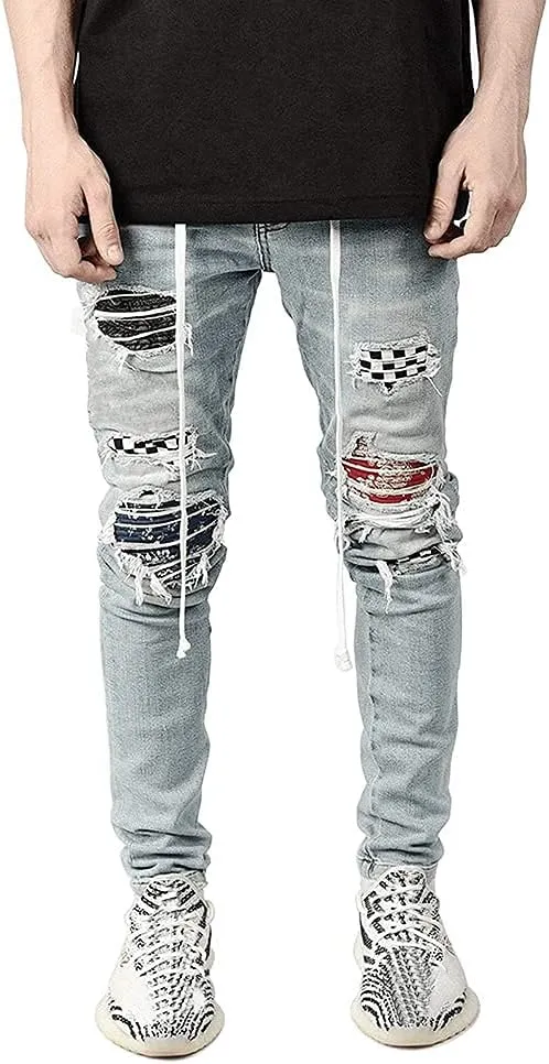 IDEALSANXUN Mens Ripped Stretch Jeans Casual Slim Fit Distressed Plaid Pattern Skinny Biker Jeans