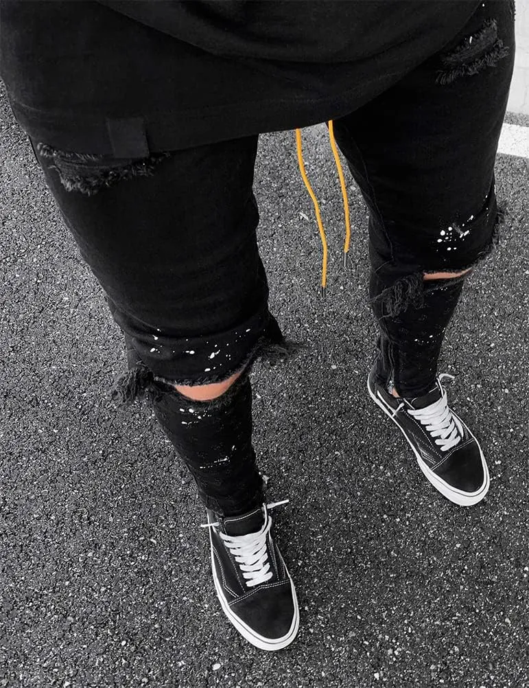 IDEALSANXUN Mens Ripped Stretch Jeans Casual Slim Fit Distressed Plaid Pattern Skinny Biker Jeans