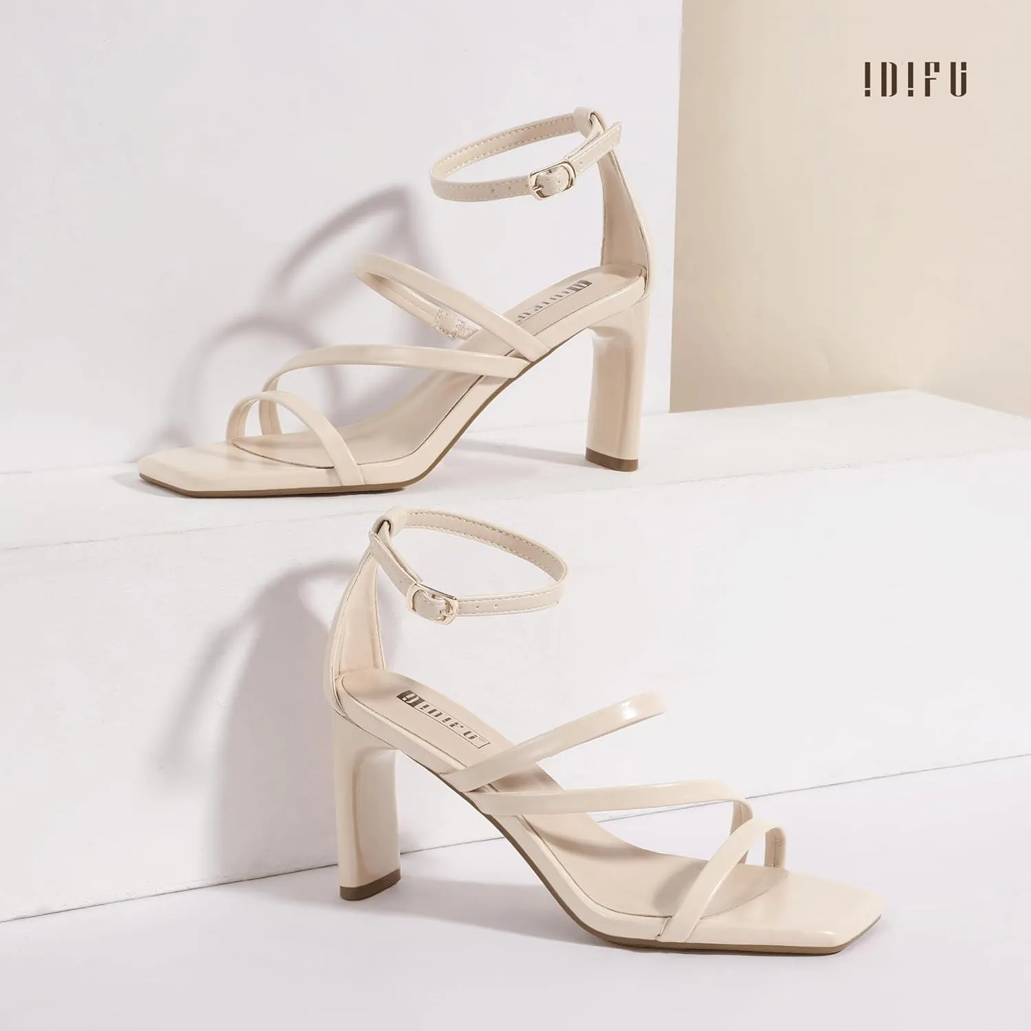 IDIFU IN3 Strappy Heels for Women Low Chunky Block Square Open Toe Heeled Sandals Wedding Bridal Bride Prom Party Dress Shoes Comfortable Dressy Formal Cute Ankle Strap Thick Heels