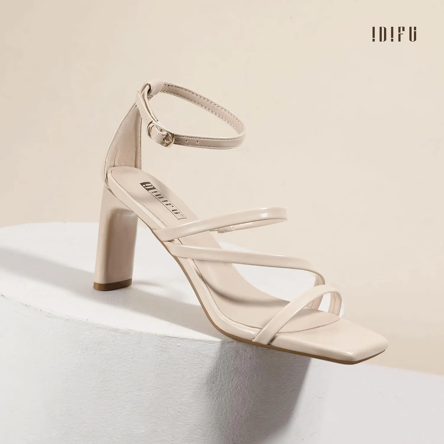 IDIFU IN3 Strappy Heels for Women Low Chunky Block Square Open Toe Heeled Sandals Wedding Bridal Bride Prom Party Dress Shoes Comfortable Dressy Formal Cute Ankle Strap Thick Heels
