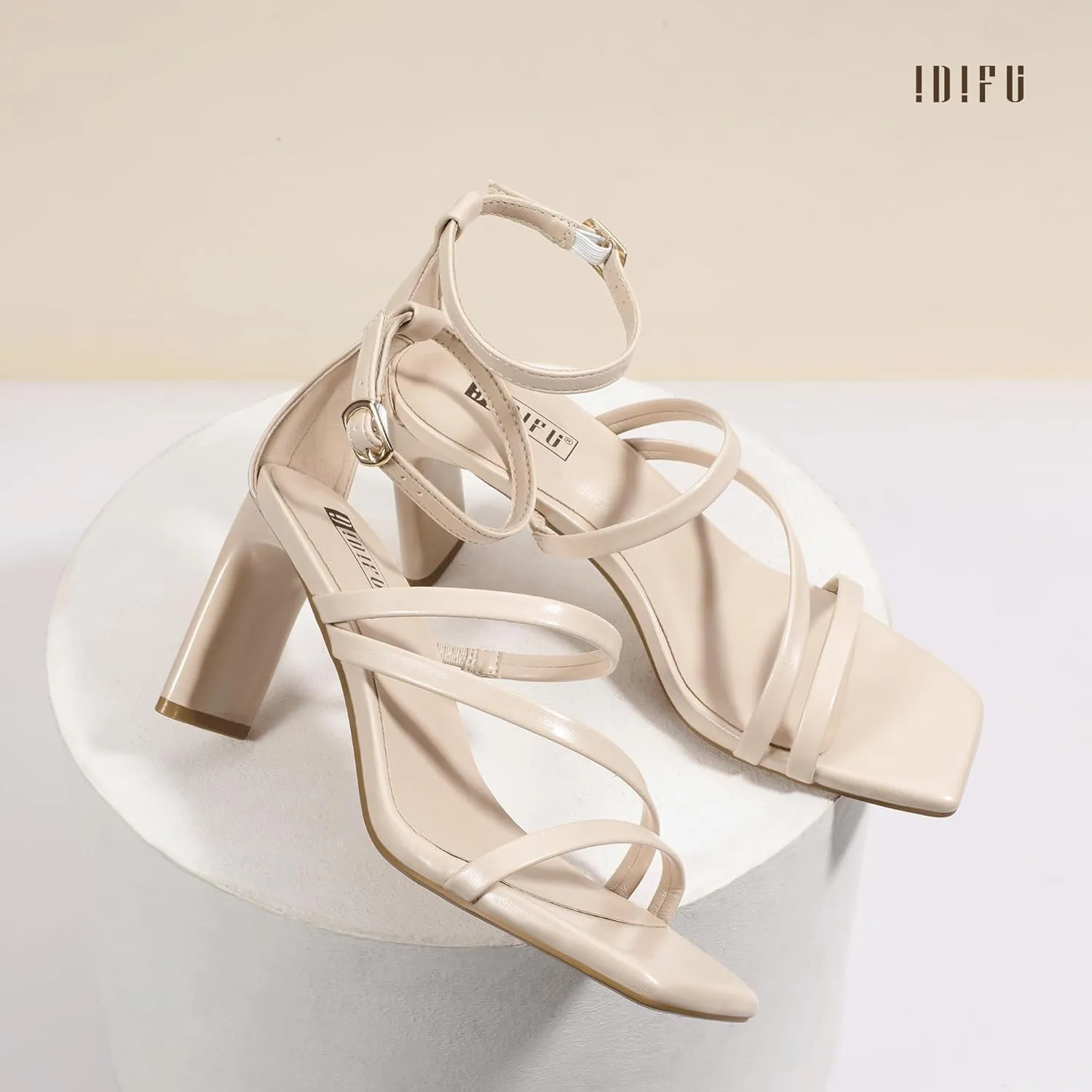 IDIFU IN3 Strappy Heels for Women Low Chunky Block Square Open Toe Heeled Sandals Wedding Bridal Bride Prom Party Dress Shoes Comfortable Dressy Formal Cute Ankle Strap Thick Heels