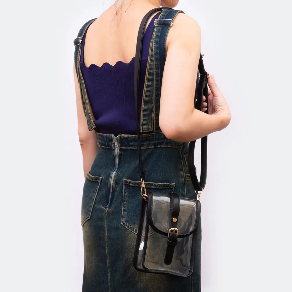 iLLASPARKZ Faux Leather Belt Buckle Pointed Transparent Crossbody Bag
