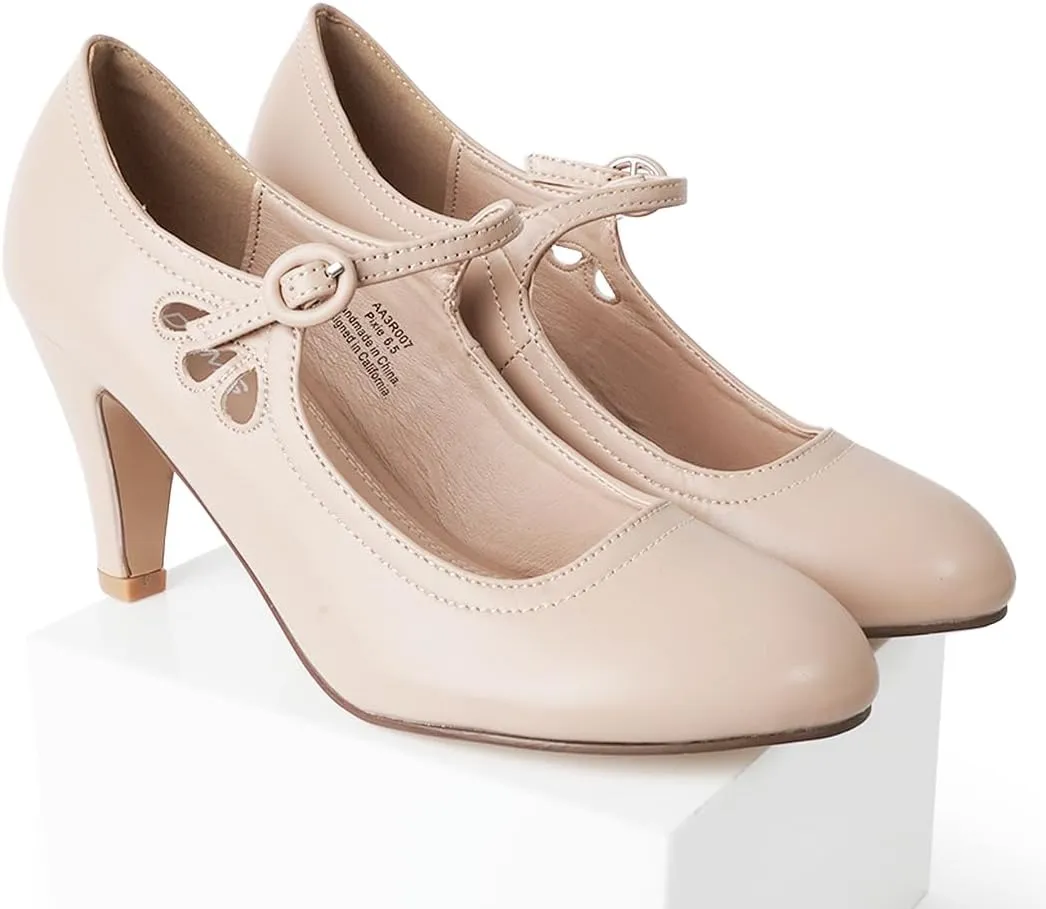 J. Adams Pixie Mary Jane Shoes Women Oxford Pumps - Cute Low Kitten High Heels - Retro Vintage Shoes for Women 1950s Mary Janes Round Toe Shoe with Ankle Strap - Women Dress Shoes