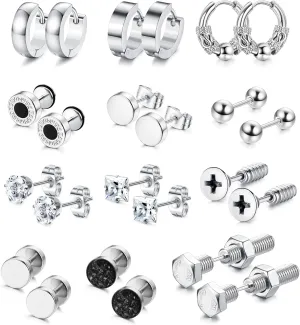 JeryWe 12 Pairs Earrings for Men Black Silver Stainless Steel Earrings Stud Kit for Men Women Fashion Piercing Jewelry Tiny Ball Barbell Screw Studs Cartilage Earrings Cross Dangle Hoop Earrings Set