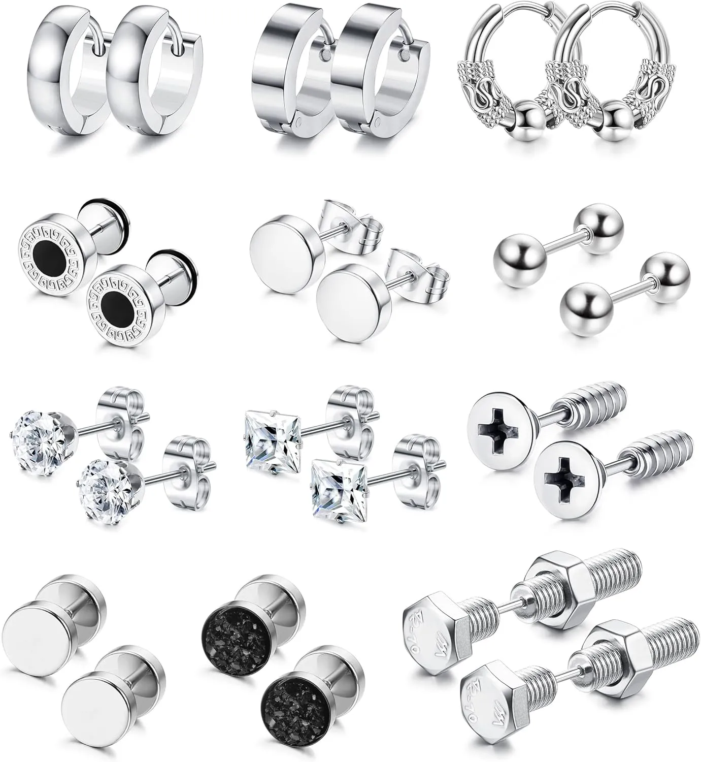 JeryWe 12 Pairs Earrings for Men Black Silver Stainless Steel Earrings Stud Kit for Men Women Fashion Piercing Jewelry Tiny Ball Barbell Screw Studs Cartilage Earrings Cross Dangle Hoop Earrings Set