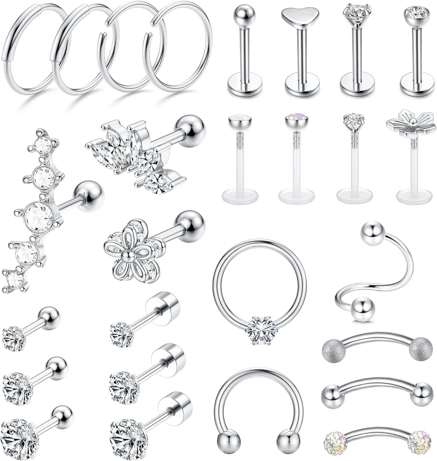 JeryWe 27Pcs 16G Cartilage Earrings Stud Hoop for Women Men Stainless Steel Helix Piercing Tragus Earrings Forward Conch Piercing Jewelry