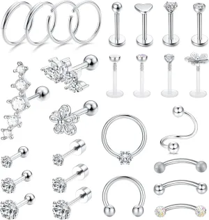 JeryWe 27Pcs 16G Cartilage Earrings Stud Hoop for Women Men Stainless Steel Helix Piercing Tragus Earrings Forward Conch Piercing Jewelry