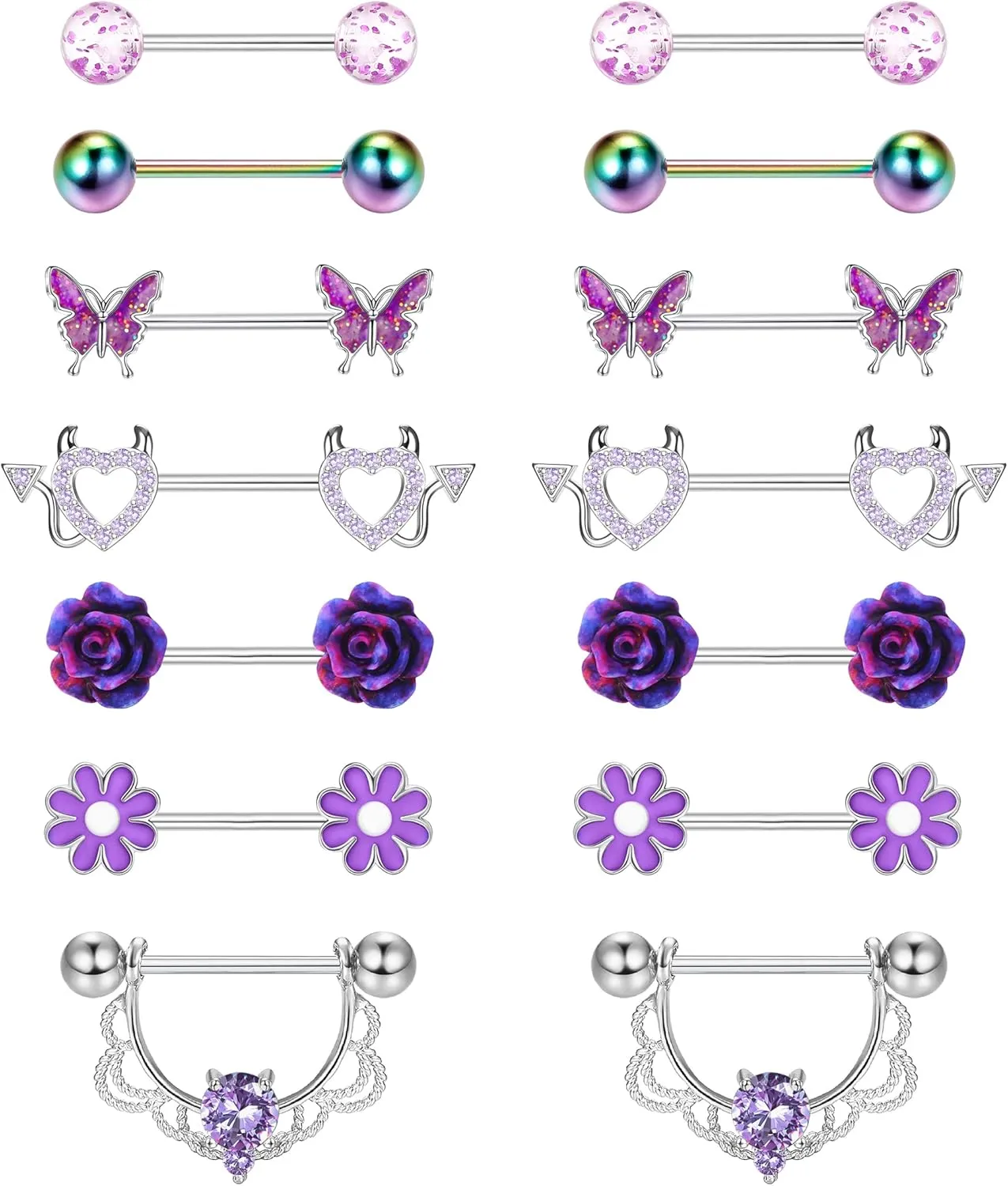JeryWe 7 Pairs 14G Nipple Rings for Women 316L Stainless Steel Heart Butterfly CZ Flower Barbell Nipple Rings Set Cute Nipplerings Piercing Jewelry