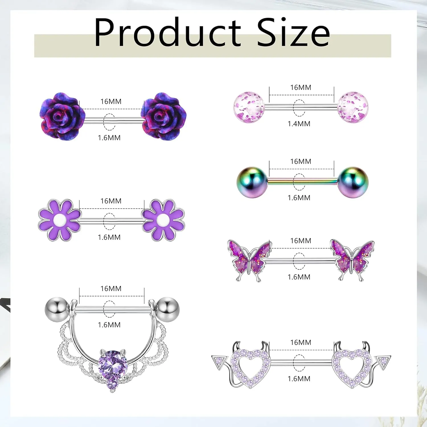 JeryWe 7 Pairs 14G Nipple Rings for Women 316L Stainless Steel Heart Butterfly CZ Flower Barbell Nipple Rings Set Cute Nipplerings Piercing Jewelry