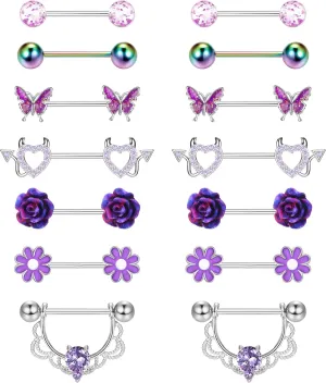 JeryWe 7 Pairs 14G Nipple Rings for Women 316L Stainless Steel Heart Butterfly CZ Flower Barbell Nipple Rings Set Cute Nipplerings Piercing Jewelry