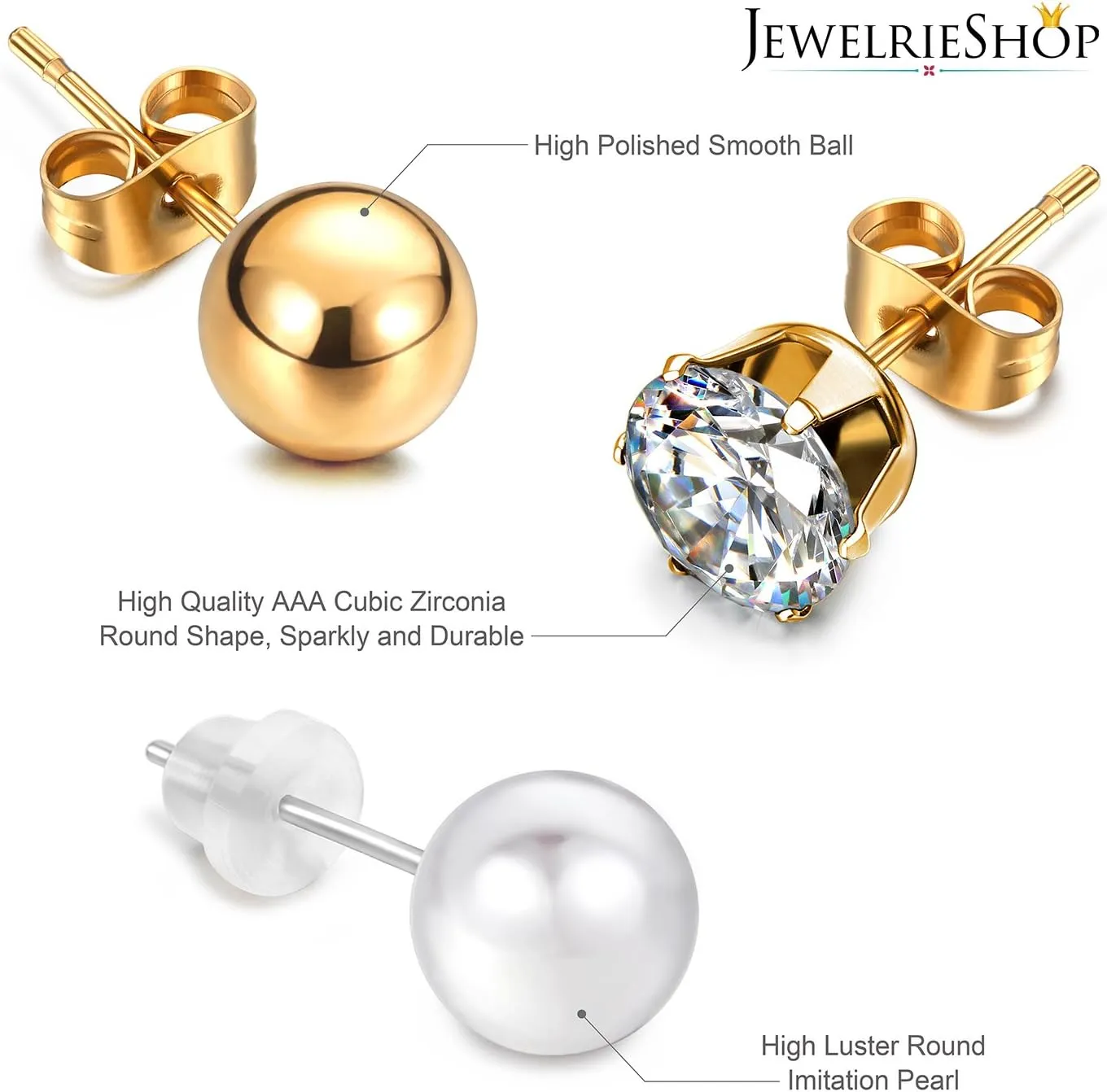 JewelrieShop Earrings Studs Set for Women Stainless Steel CZ Ball Faux Pearl Hoop Hypoallergenic Silver Multiple Ear Stud Earing for Men