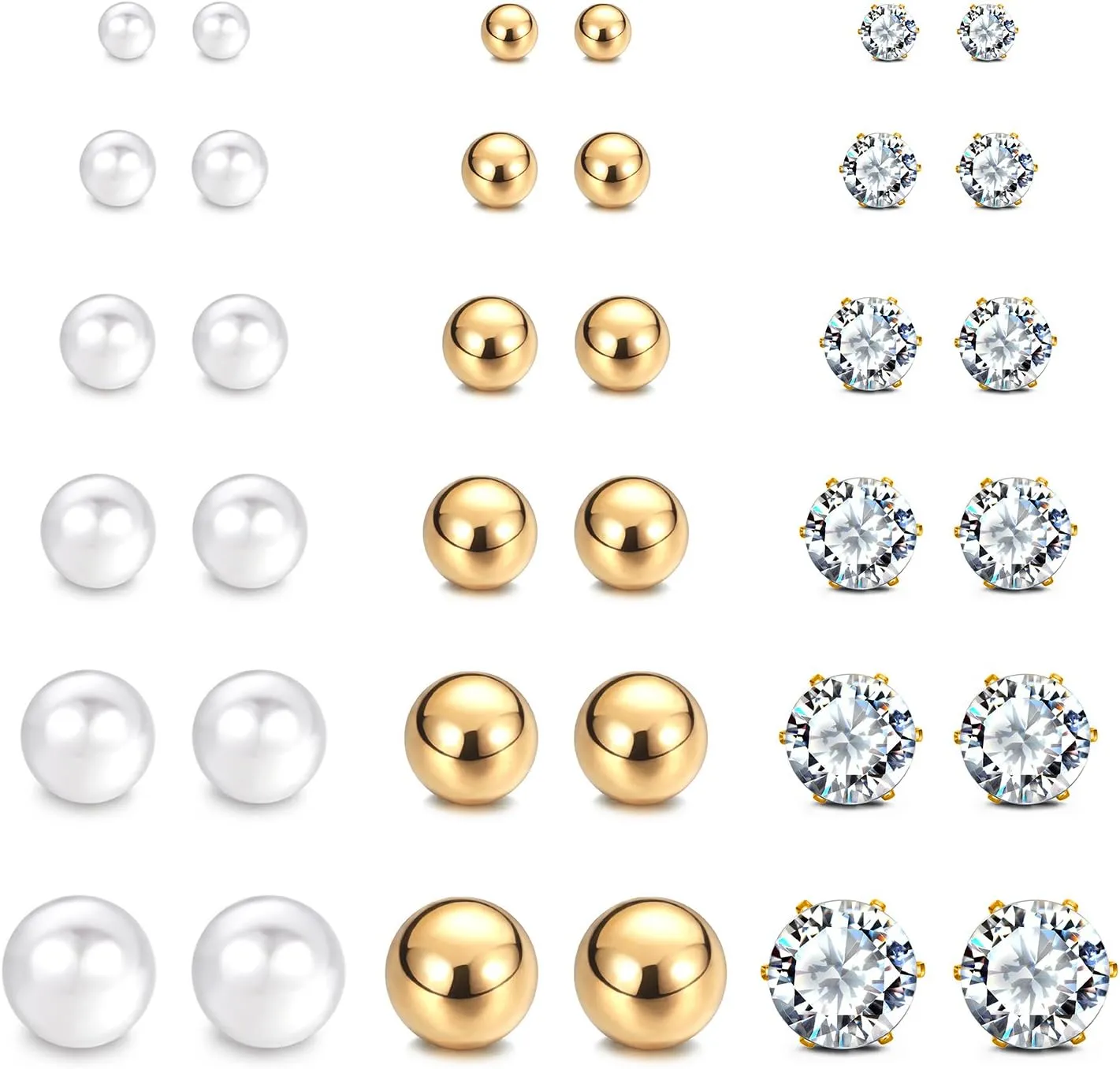 JewelrieShop Earrings Studs Set for Women Stainless Steel CZ Ball Faux Pearl Hoop Hypoallergenic Silver Multiple Ear Stud Earing for Men