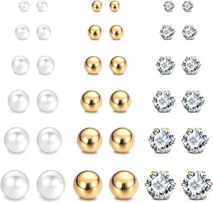 JewelrieShop Earrings Studs Set for Women Stainless Steel CZ Ball Faux Pearl Hoop Hypoallergenic Silver Multiple Ear Stud Earing for Men
