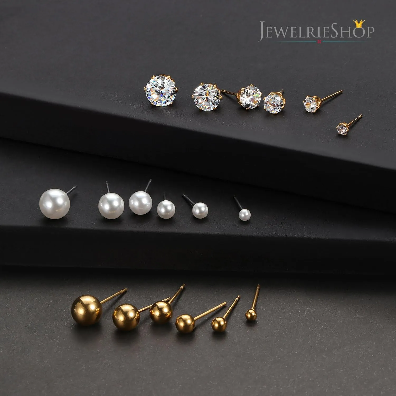 JewelrieShop Earrings Studs Set for Women Stainless Steel CZ Ball Faux Pearl Hoop Hypoallergenic Silver Multiple Ear Stud Earing for Men