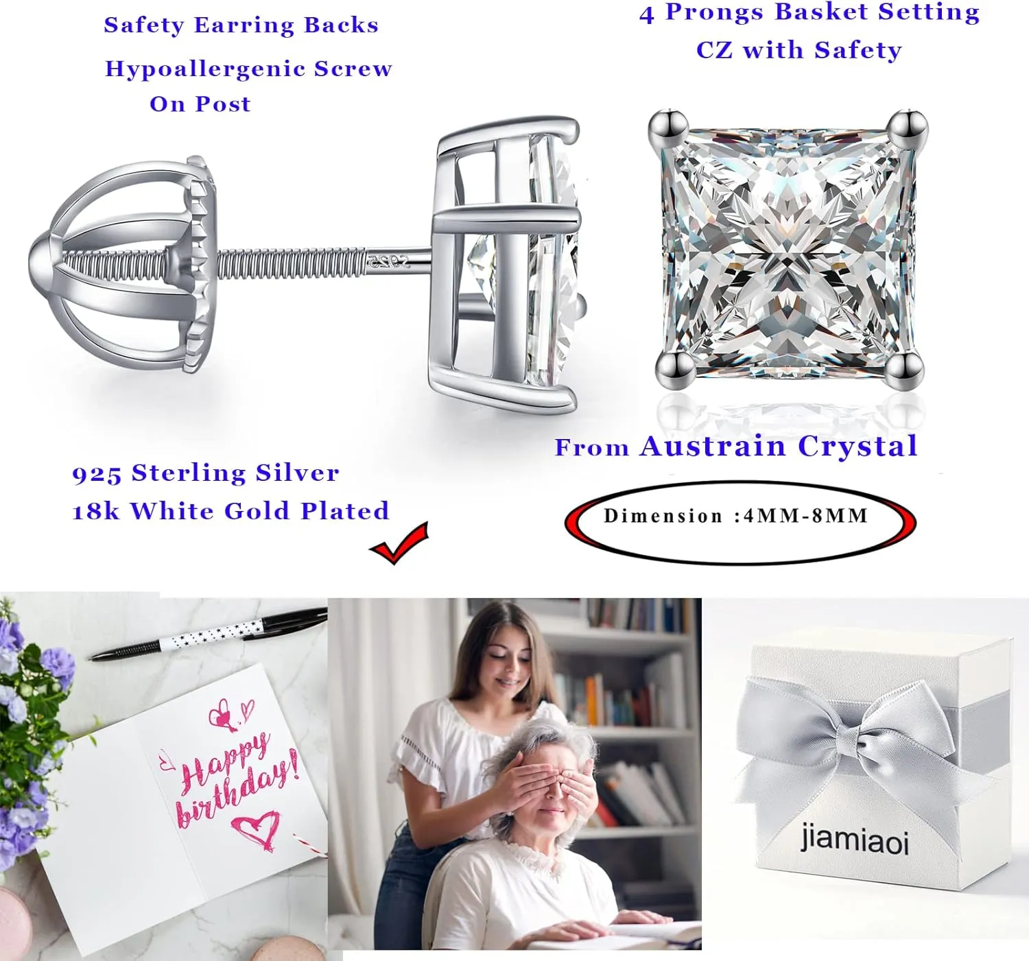 Jiamiaoi 18k White Gold Plated Simulated Diamond Stud Earrings Screw Back Sterling Silver Cubic Zirconia Stud Earrings Set 4 Millimeters-8 Millimeters Nickle Free Hypoallergenic Earring Studs