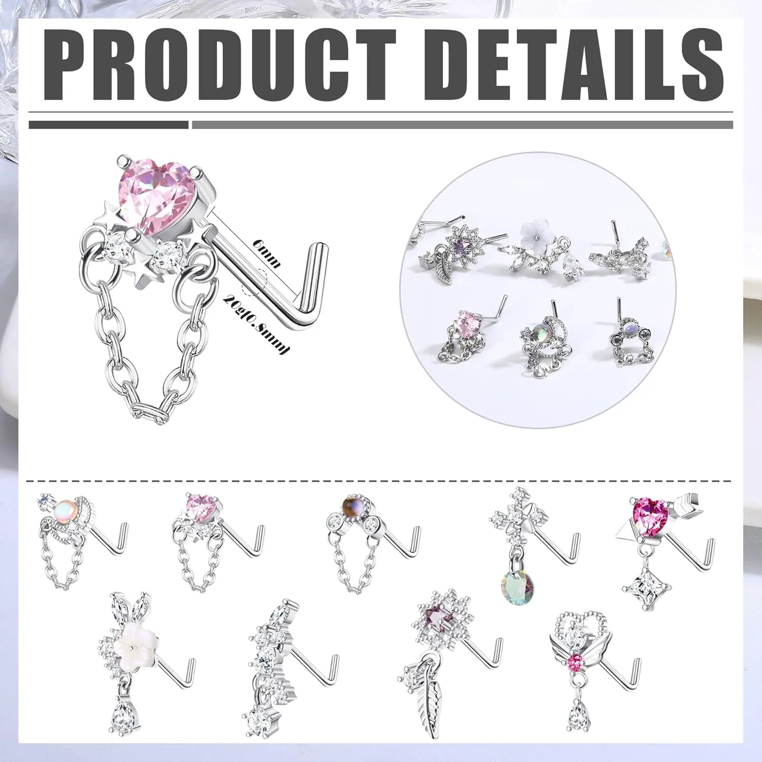 JOERICA 9 Pcs 20G Dangle Nose Rings Studs for Women Stainless Steel L Shaped Nose Studs Heart Arrow Feather Snowflake Wing CZ Dangling Nose Piercing Jewelry