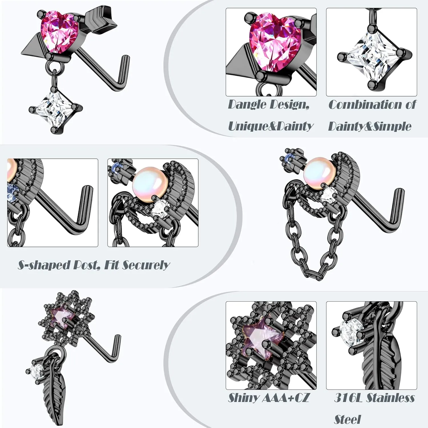 JOERICA 9 Pcs 20G Dangle Nose Rings Studs for Women Stainless Steel L Shaped Nose Studs Heart Arrow Feather Snowflake Wing CZ Dangling Nose Piercing Jewelry